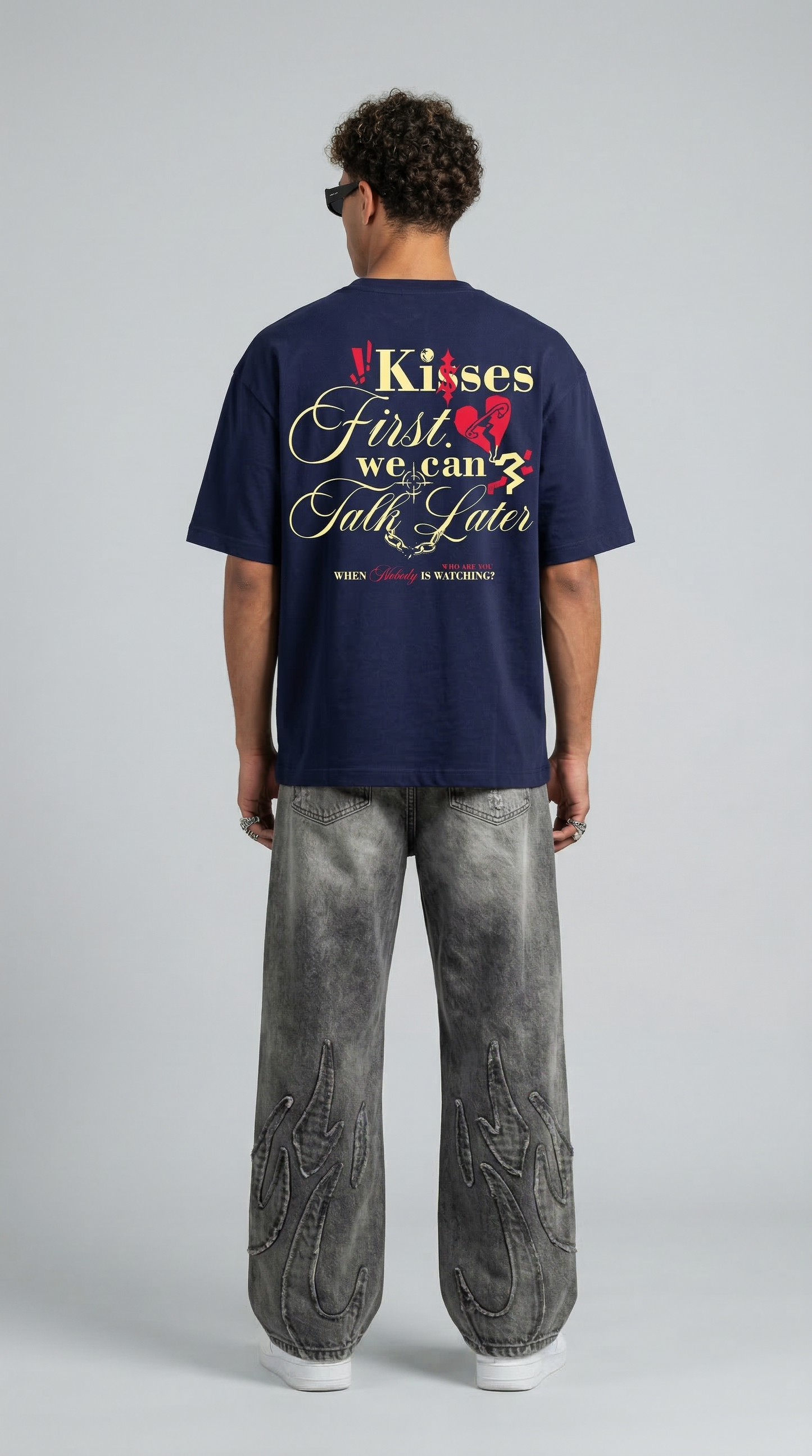 Kisses First Navy Blue Oversized T-Shirt